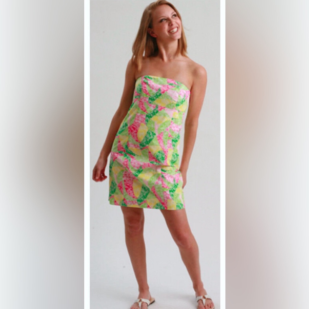 Lilly Pulitzer Wing Ding Tie Back Strapless Franco Dress Patchwork‎ Size 8